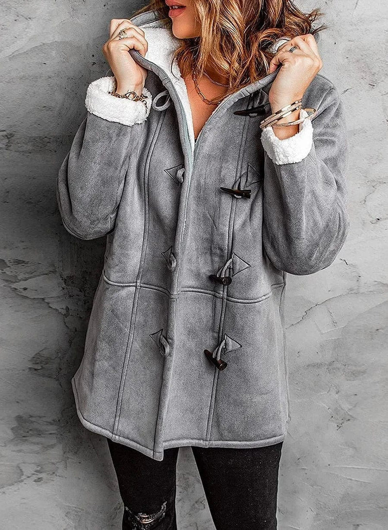 Womens sherpa lined hooded toggle coat, view 1