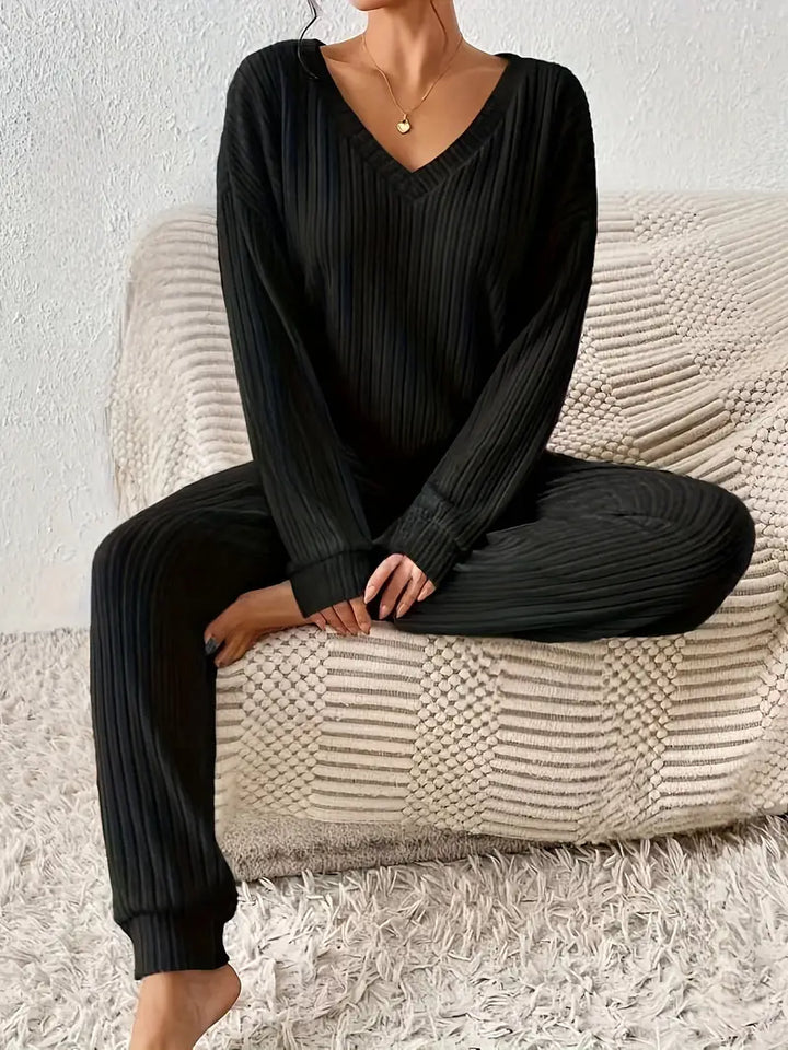 Womens ribbed knit lounge set two-piece, view 3