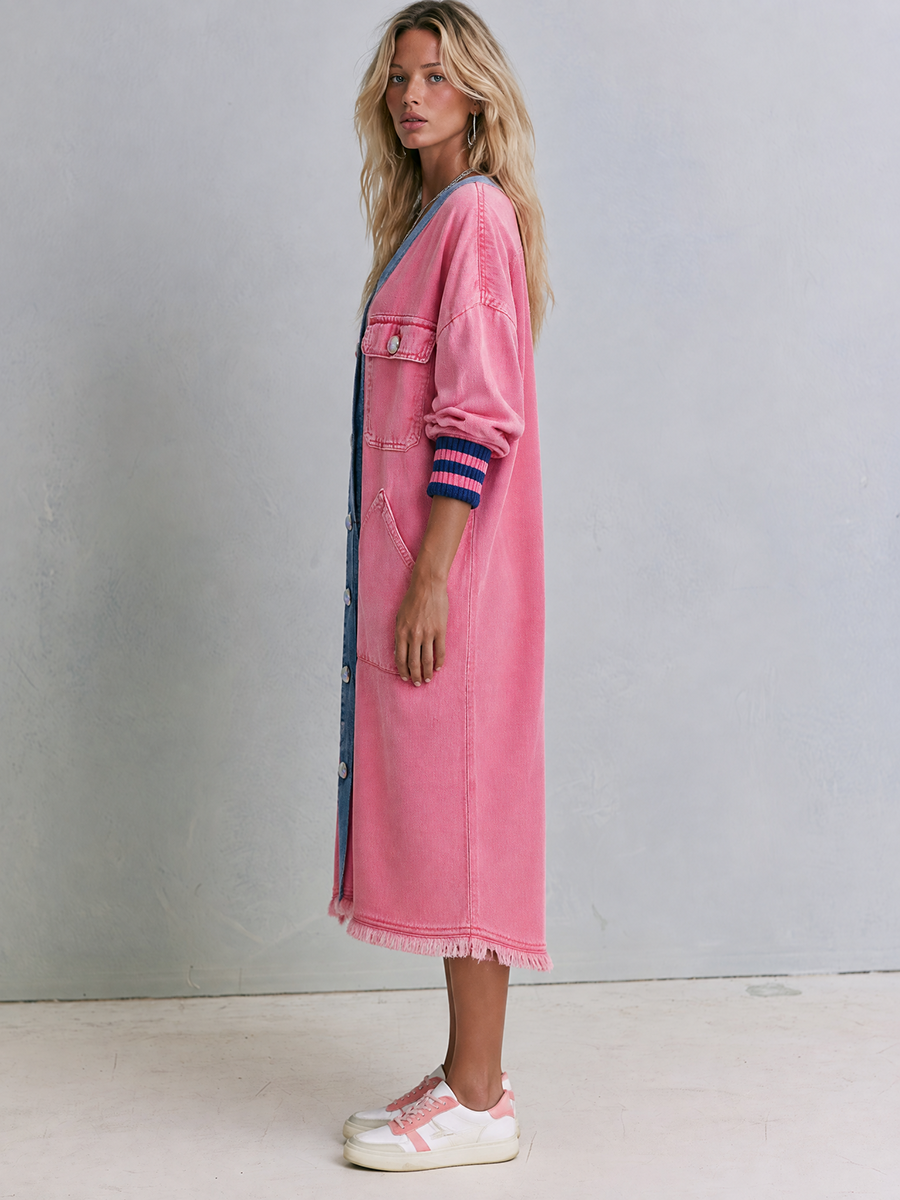 Leah | Oversized Denim Midi Dress Pink