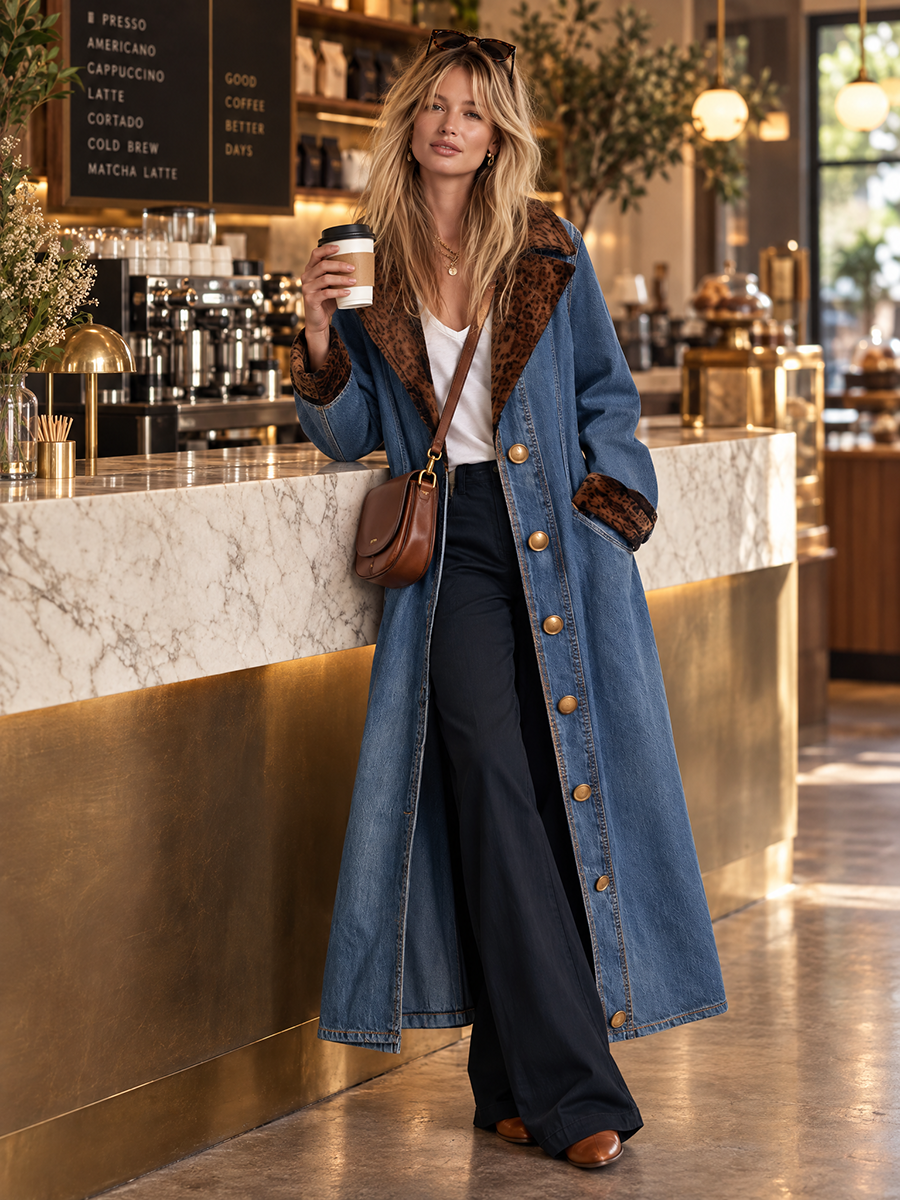 Fiona | Blue Denim Leopard Print Duster Coat