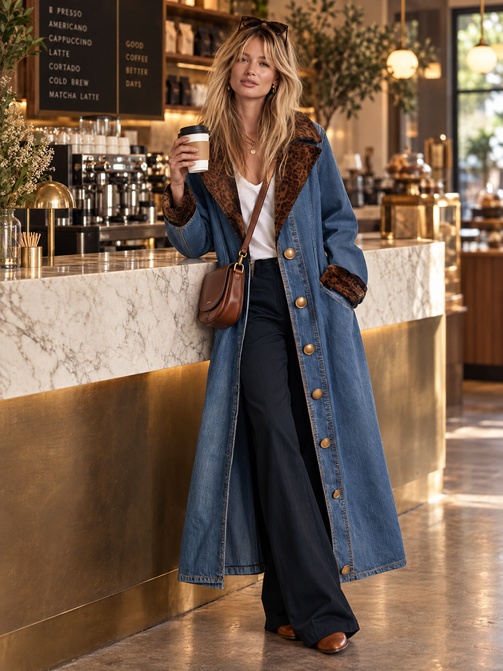 Fiona | Blue Denim Leopard Print Duster Coat