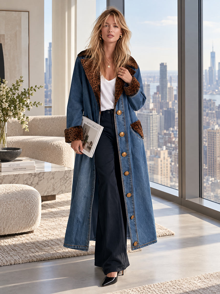 Fiona | Blue Denim Leopard Print Duster Coat