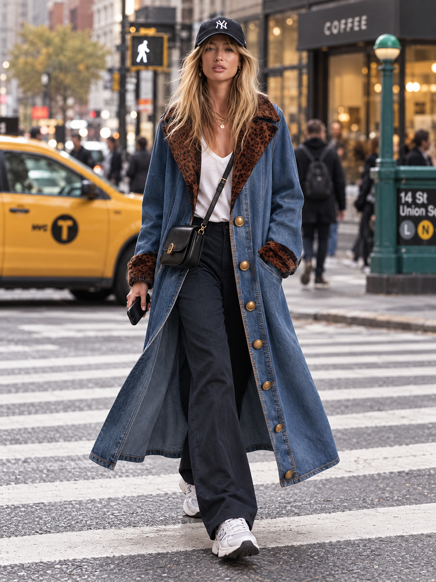 Fiona | Blue Denim Leopard Print Duster Coat