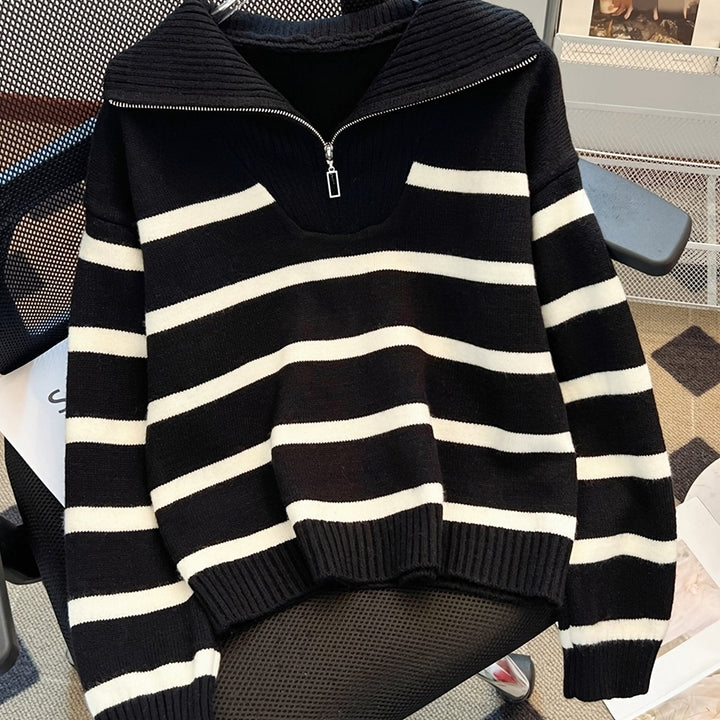 Drew | Quarter Zip Striped Relaxed Sweater with Collar
