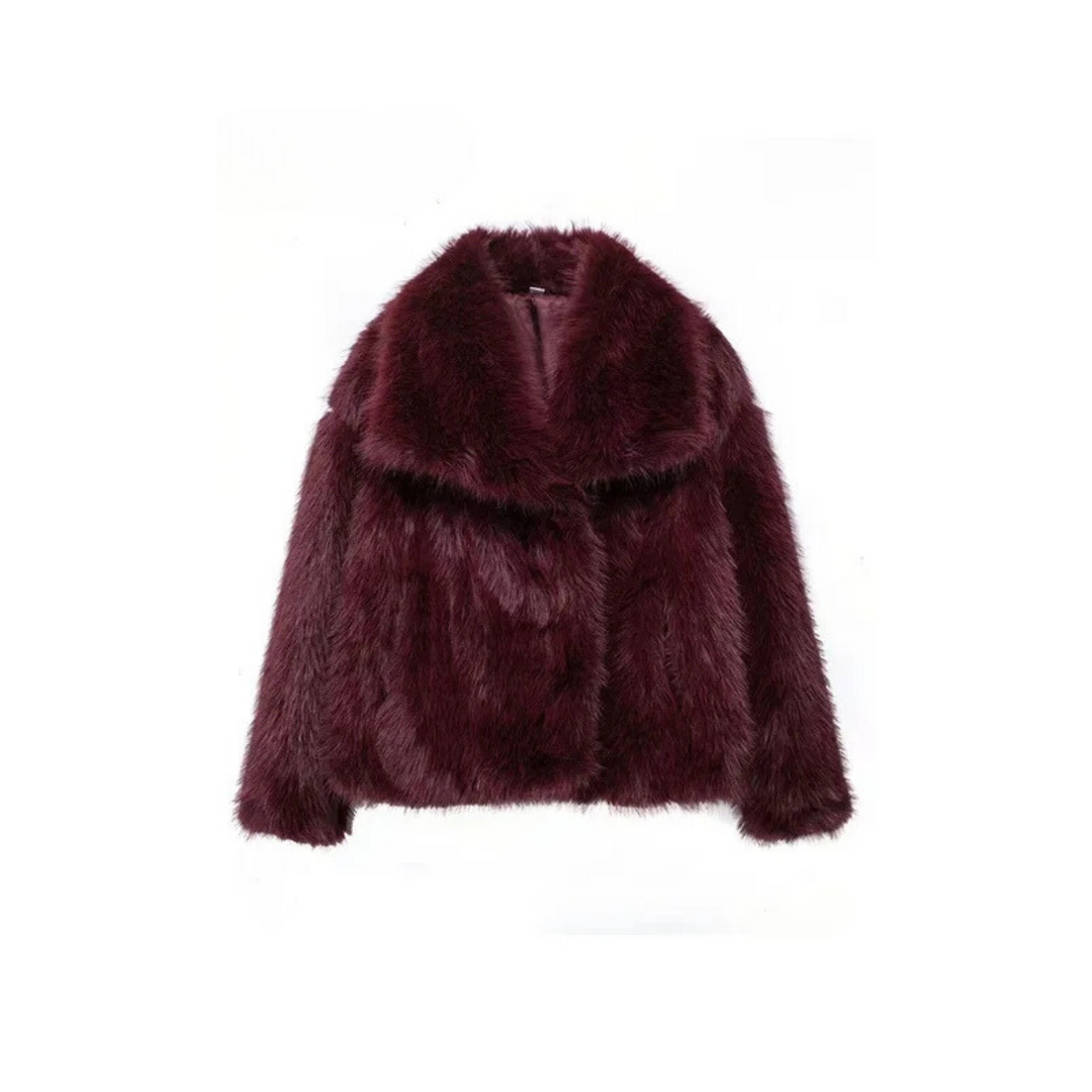 Womens short faux fur jacket shawl collar, view 7