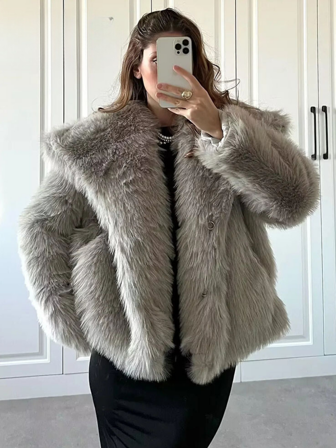 Womens short faux fur jacket shawl collar, view 4