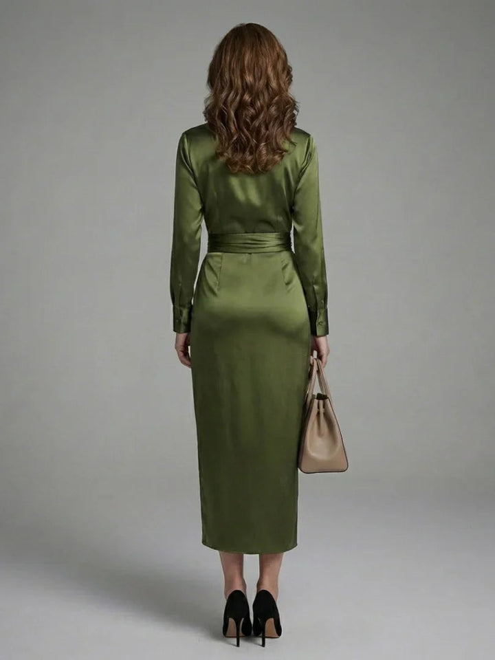Womens satin long sleeve midi wrap dress, view 3