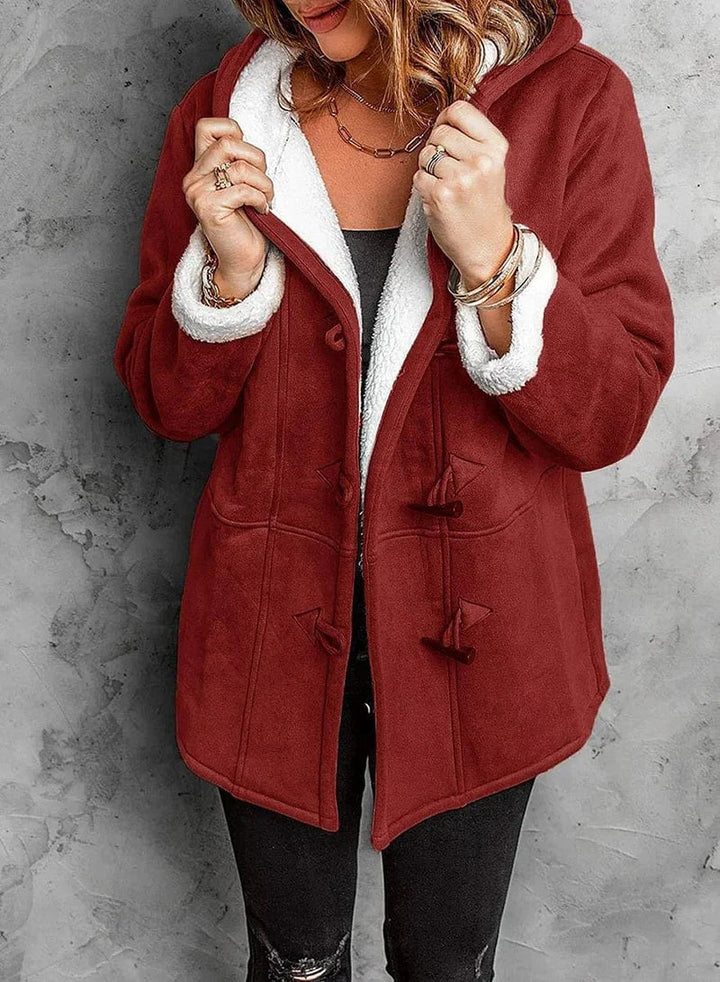 Womens sherpa lined hooded toggle coat, view 4
