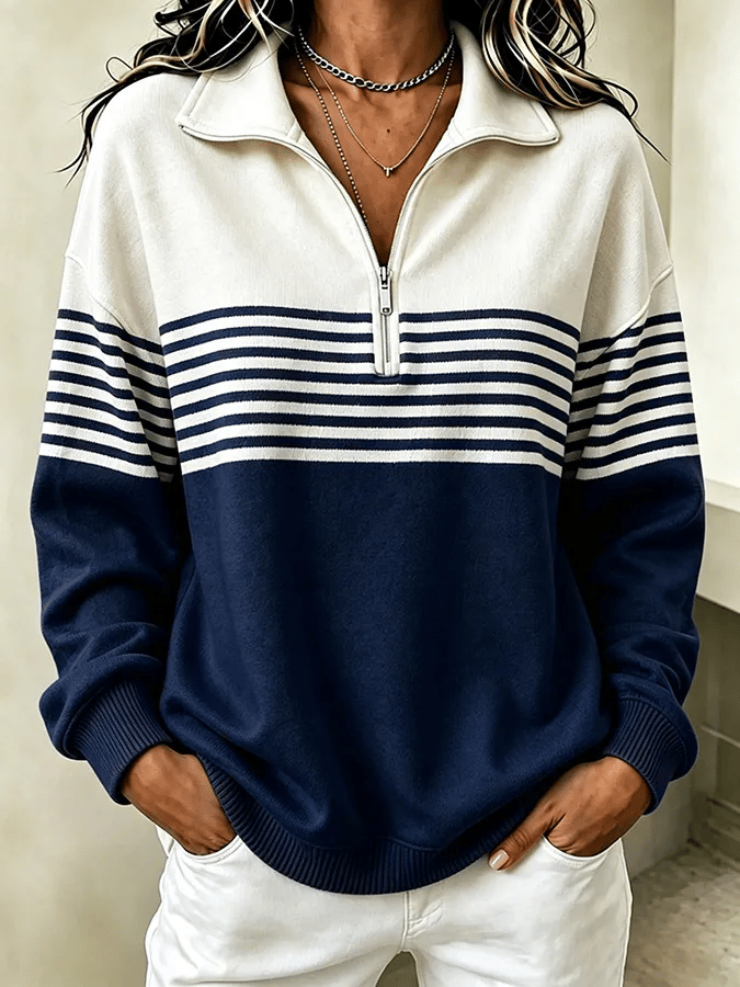 Vera | Striped Quarter Zip Collared Sweatshirt