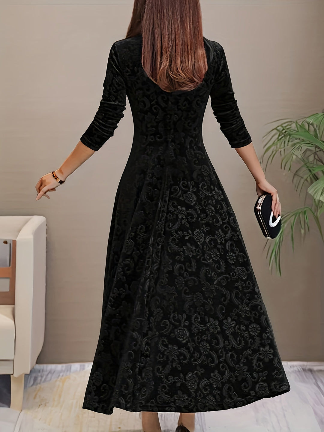 Womens velvet embossed midi dress, view 4