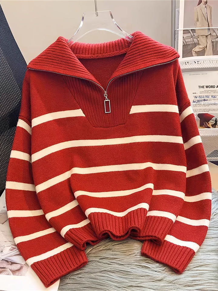 Drew | Quarter Zip Striped Relaxed Sweater with Collar