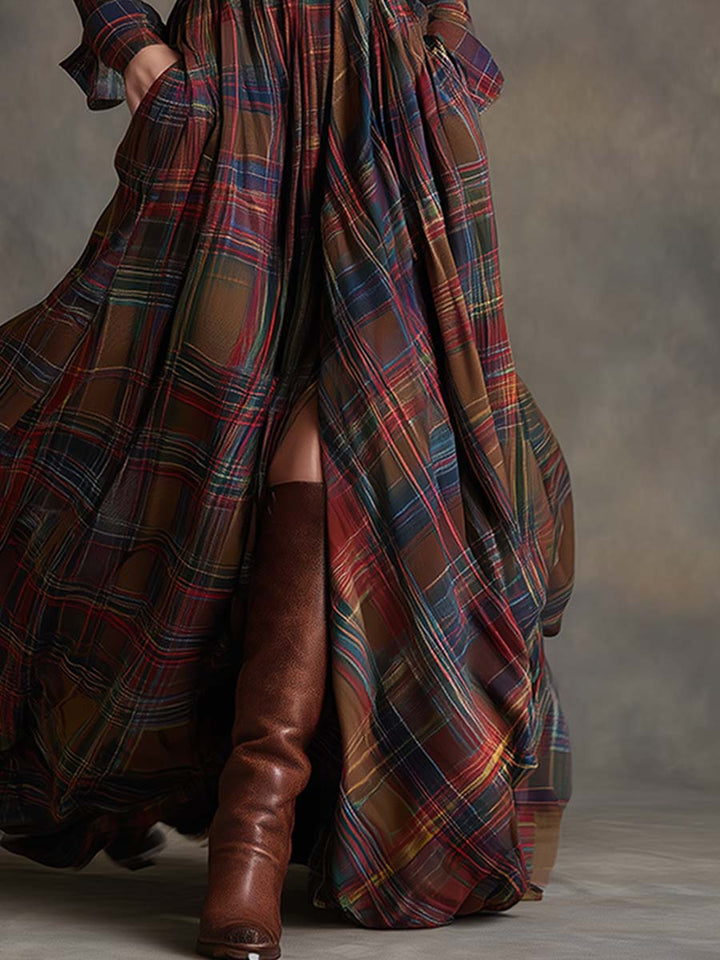 Womens plaid belted maxi shirt dress, view 8