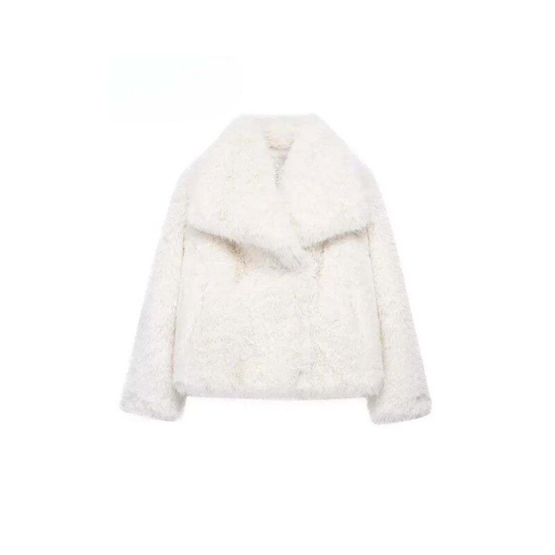 Womens short faux fur jacket shawl collar, view 9