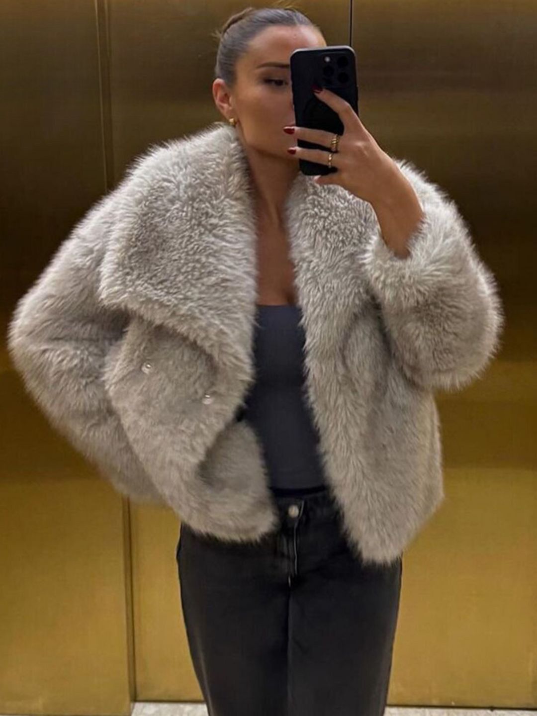 Womens short faux fur jacket shawl collar, view 6