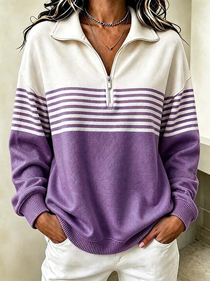 Vera | Striped Quarter Zip Collared Sweatshirt