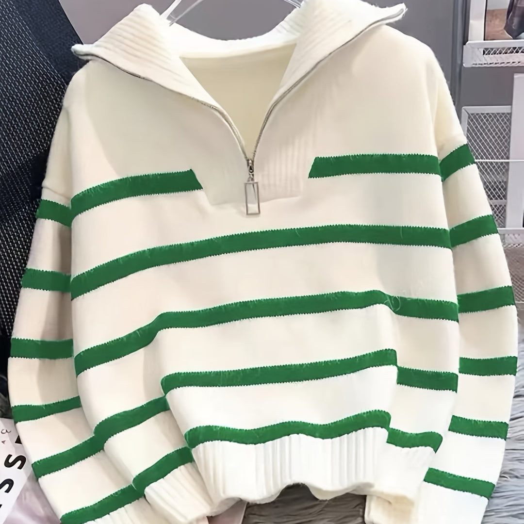 Drew | Quarter Zip Striped Relaxed Sweater with Collar