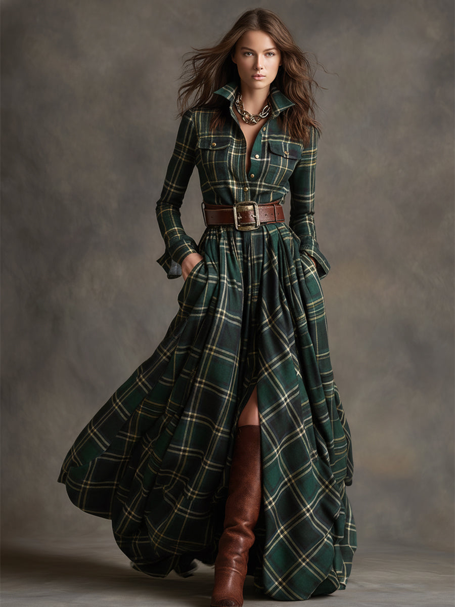 Womens plaid belted maxi shirt dress, view 9