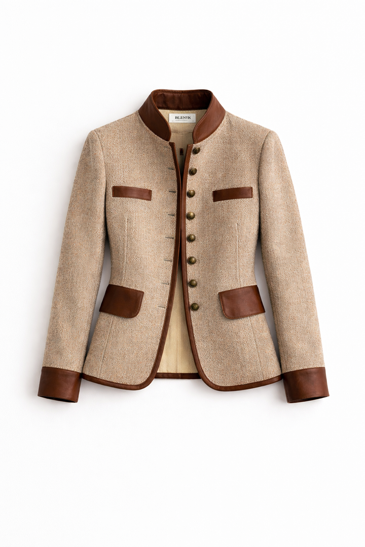 Harper | Womens Herringbone Suit Jacket Leather Trim