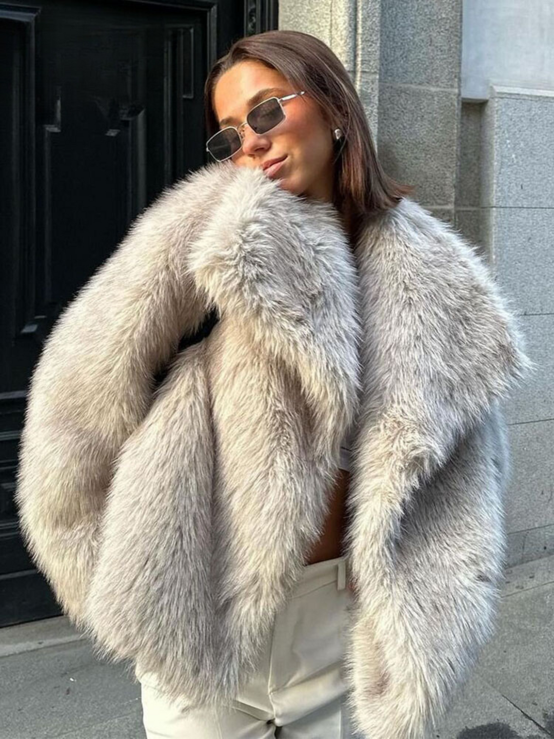 Womens short faux fur jacket shawl collar, view 3