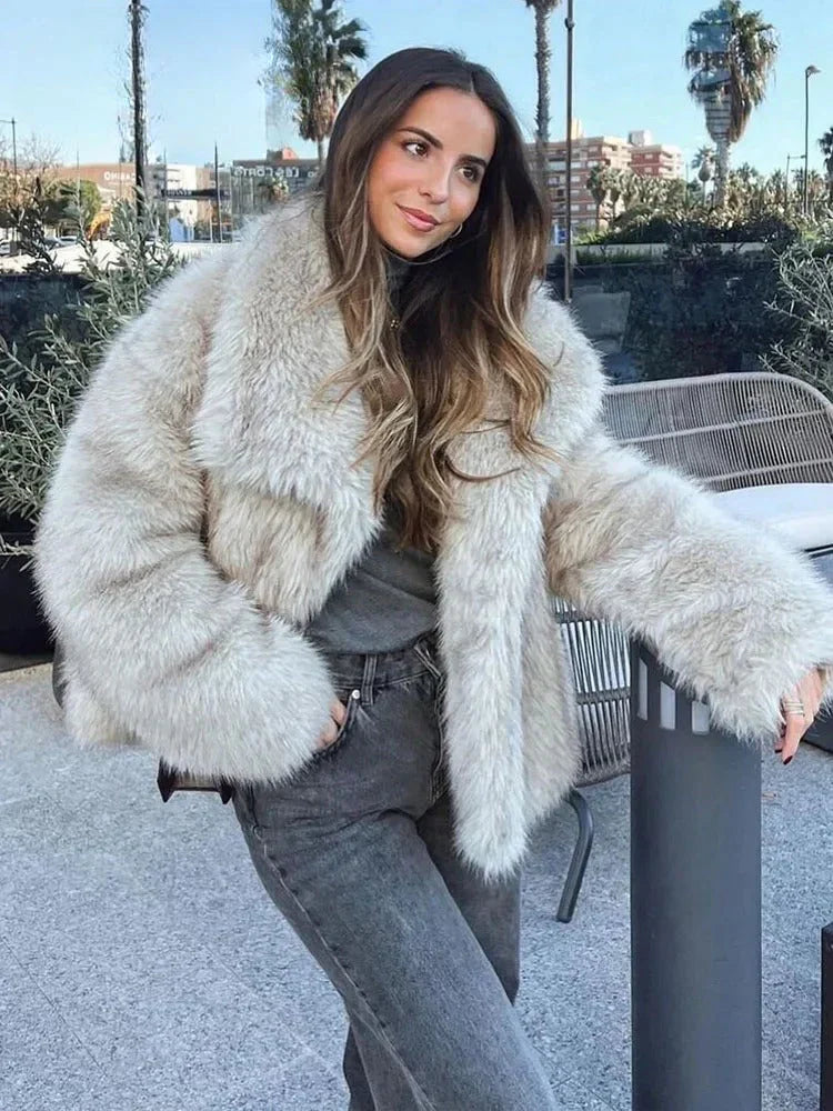 Womens short faux fur jacket shawl collar, view 13