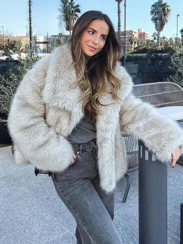 Womens short faux fur jacket shawl collar, view 13