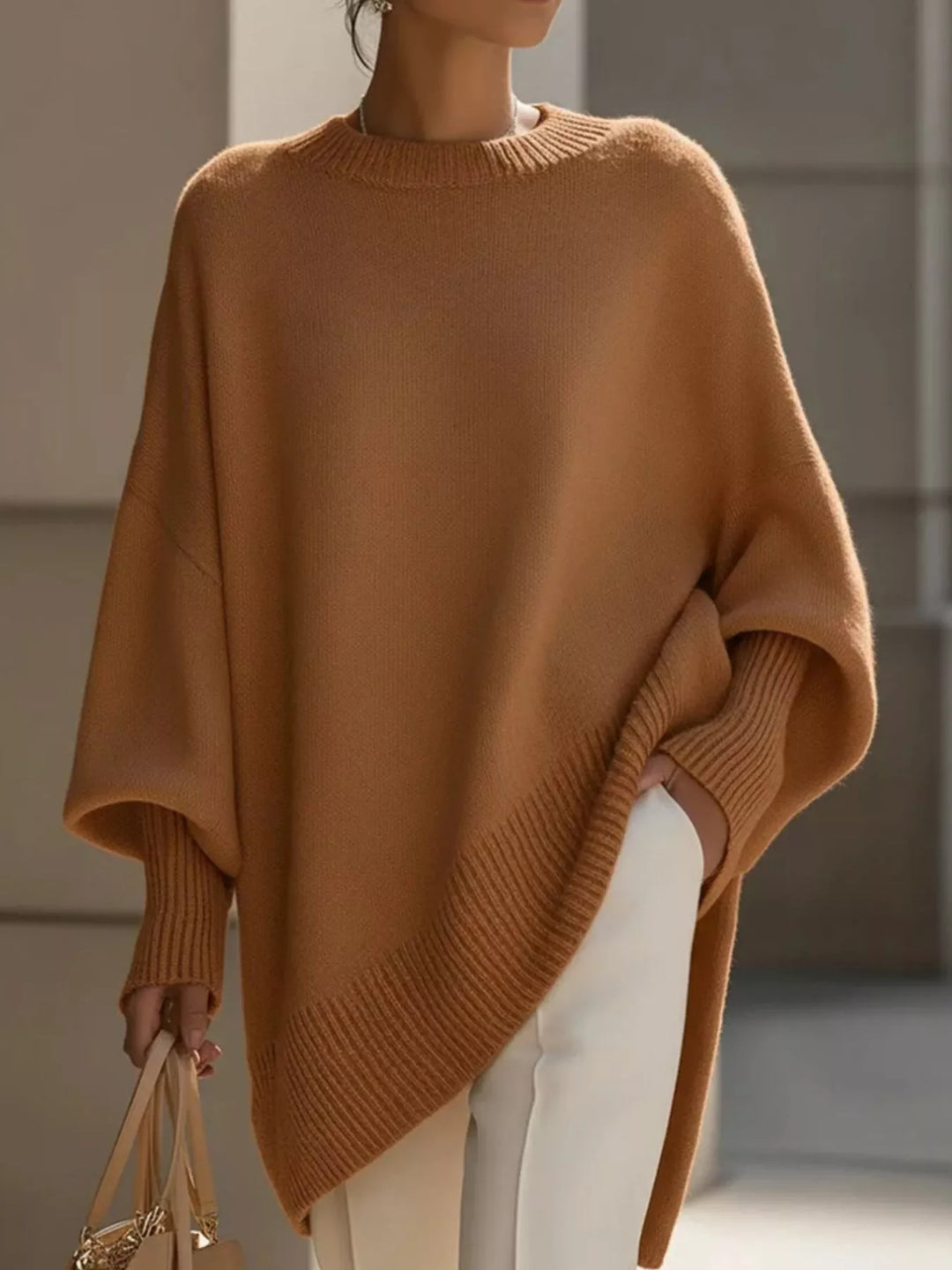Womens oversized batwing knit sweater, view 3