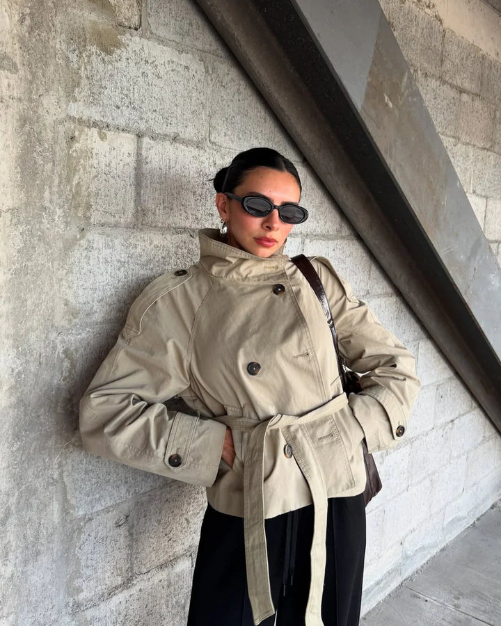 Womens cropped double-breasted belted trench coat, view 10