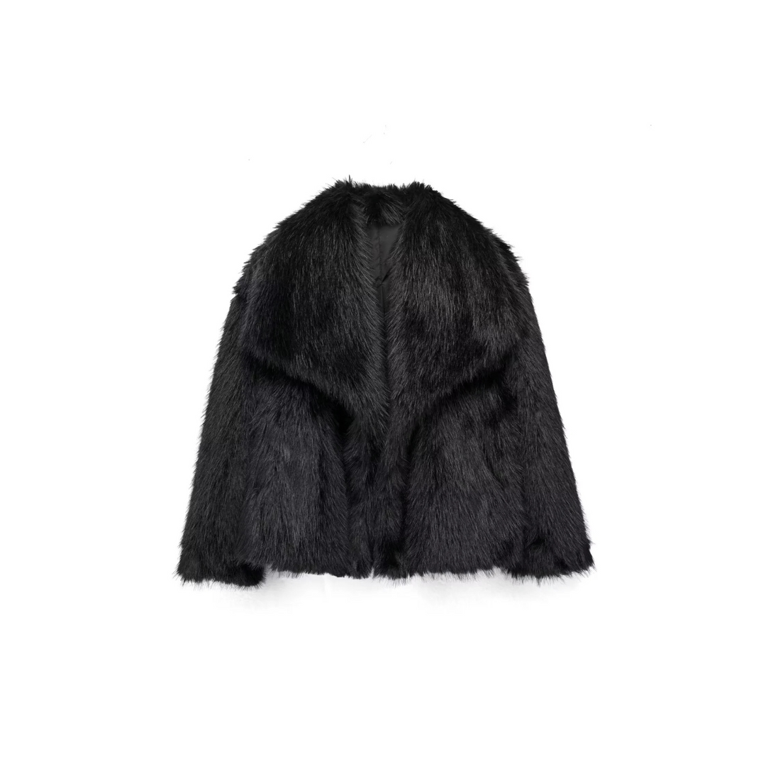Womens short faux fur jacket shawl collar, view 2