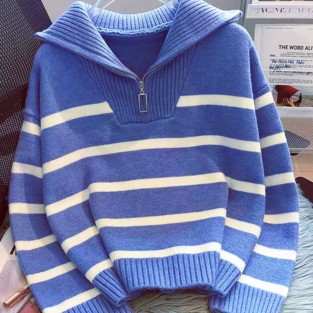 Drew | Quarter Zip Striped Relaxed Sweater with Collar