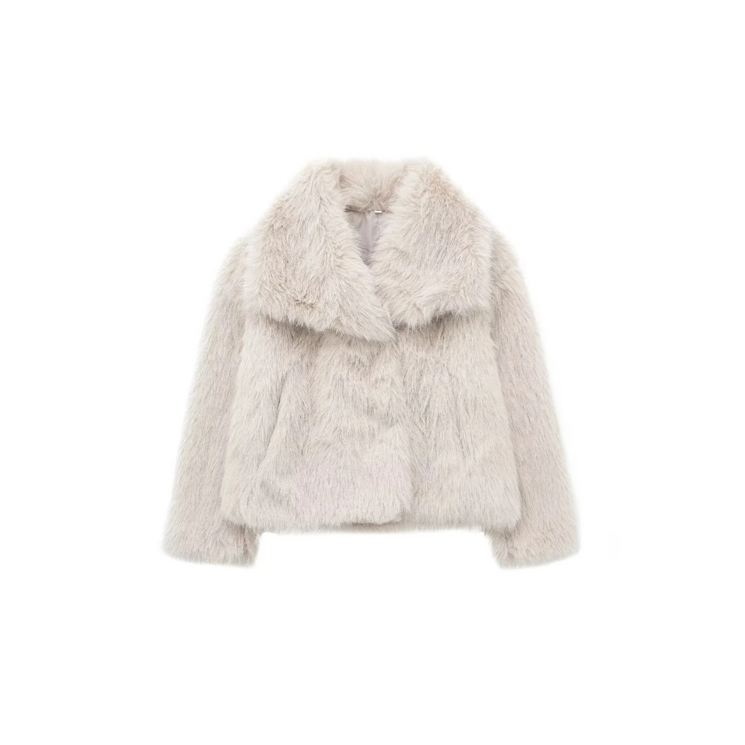 Womens short faux fur jacket shawl collar, view 1