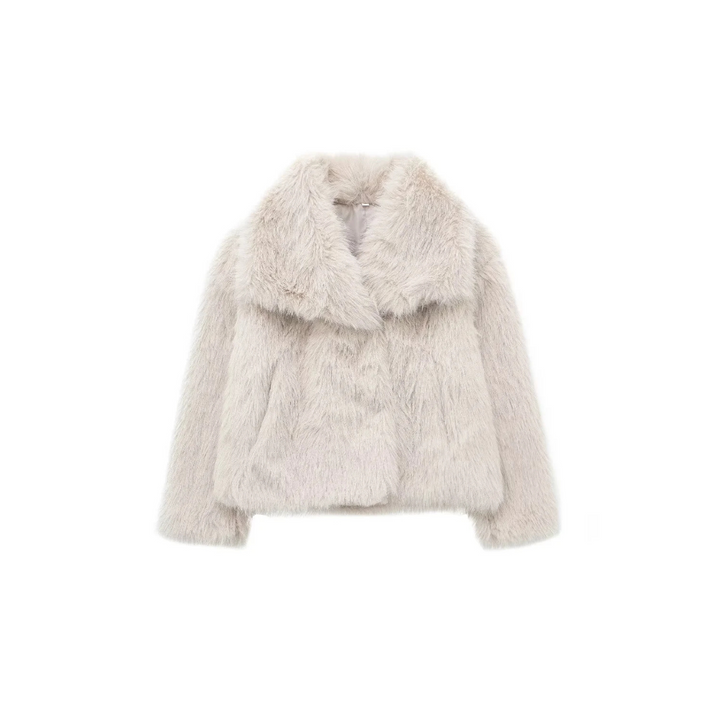 Womens short faux fur jacket shawl collar, view 1