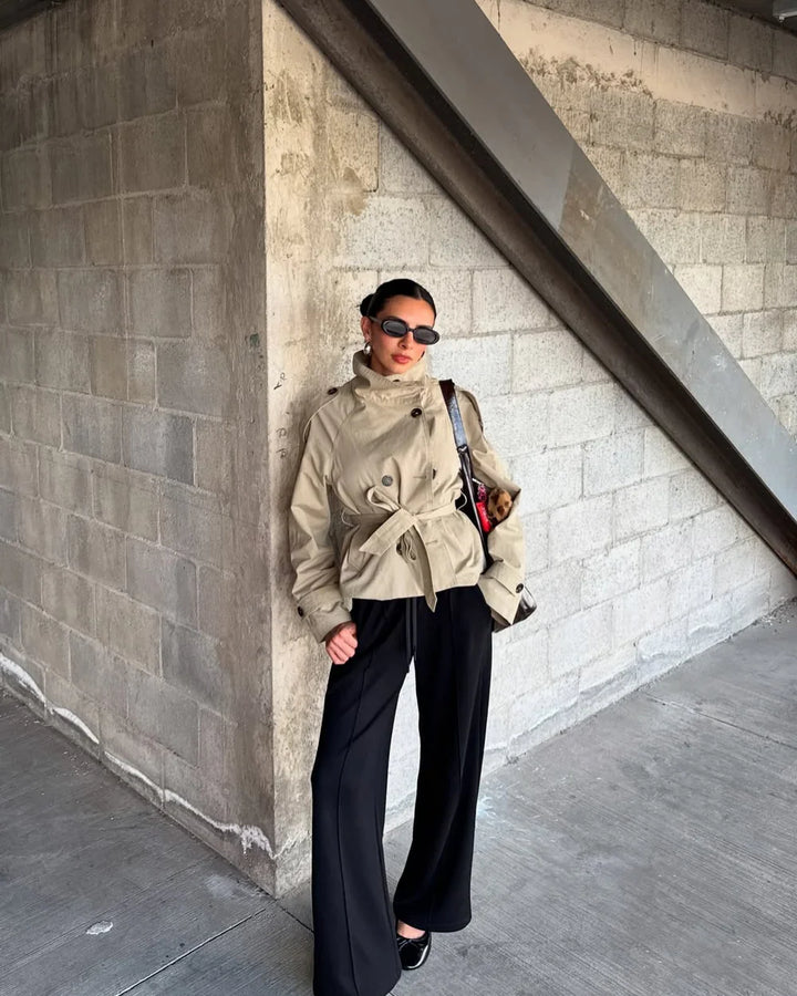 Womens cropped double-breasted belted trench coat, view 8