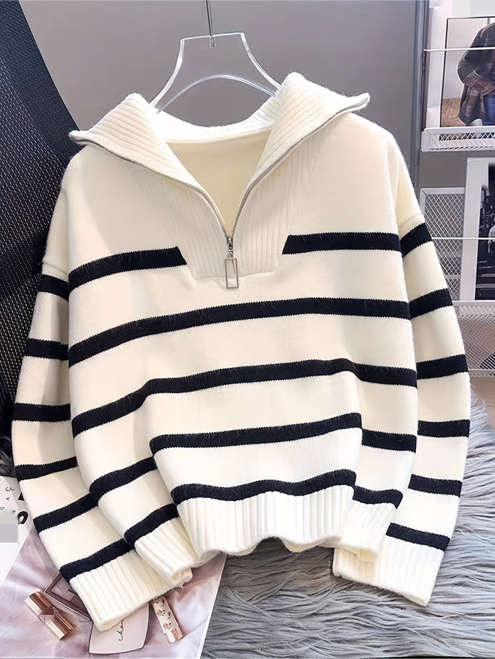 Drew | Quarter Zip Striped Relaxed Sweater with Collar