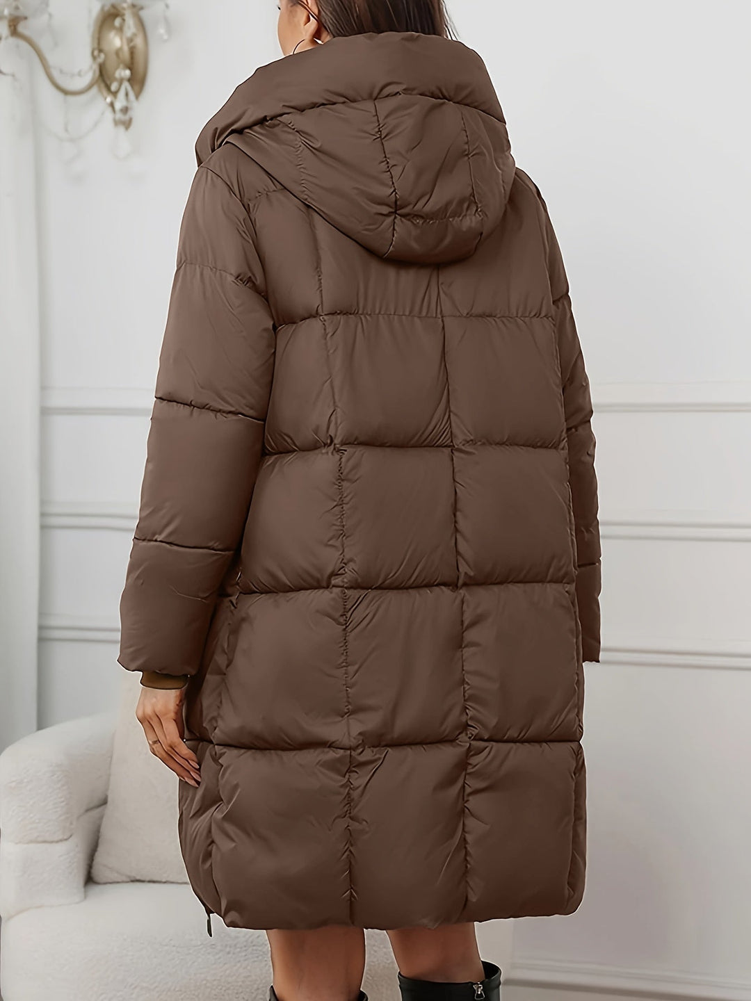 Womens long hooded puffer coat, view 3