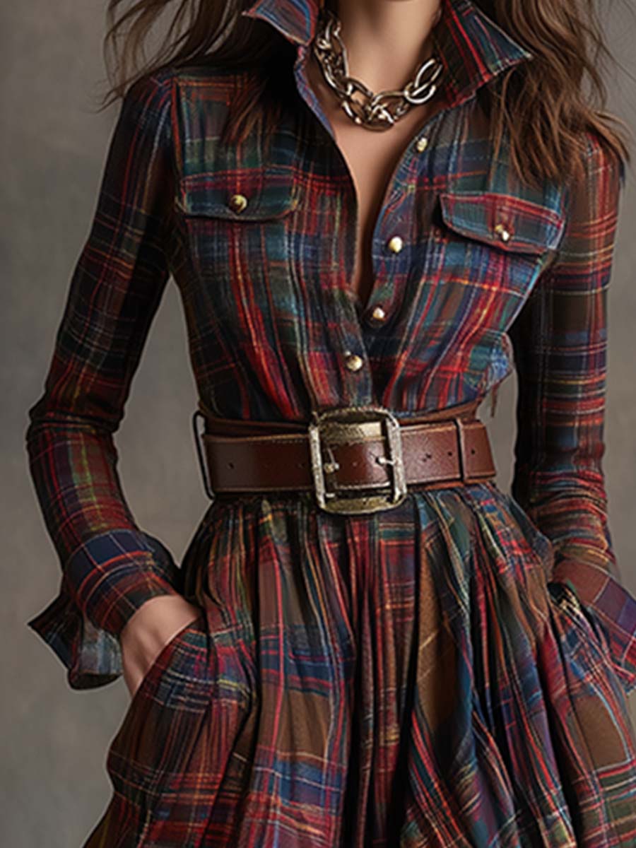 Womens plaid belted maxi shirt dress, view 7