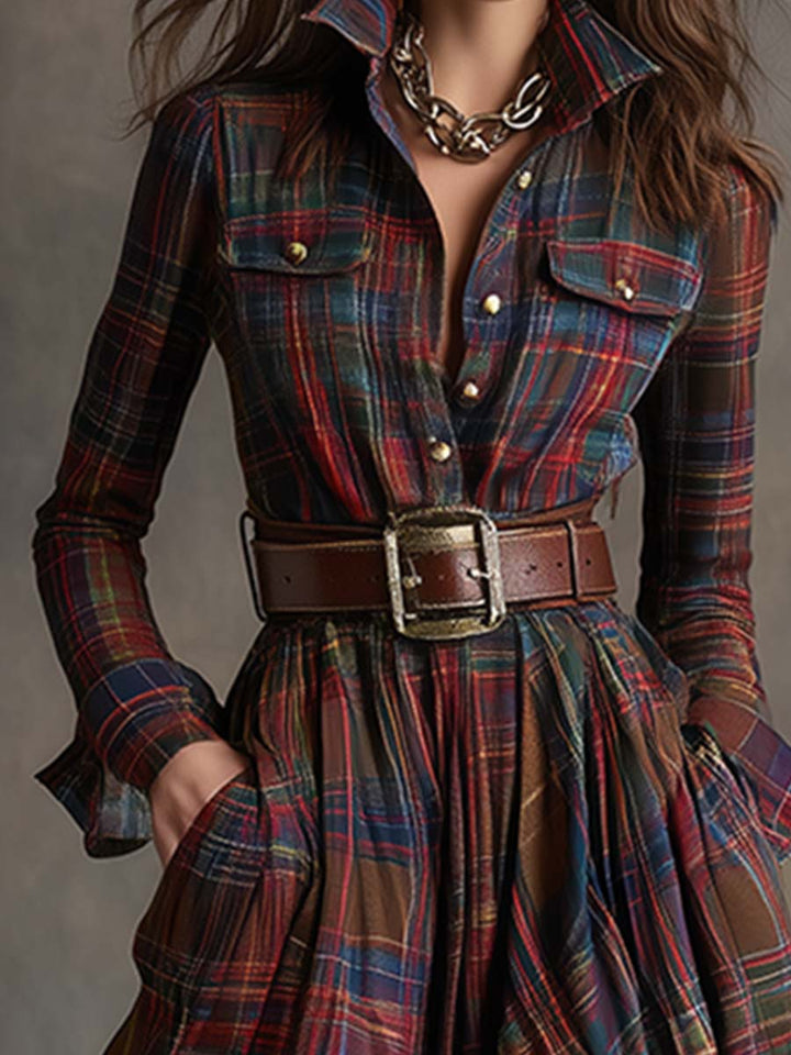 Womens plaid belted maxi shirt dress, view 7