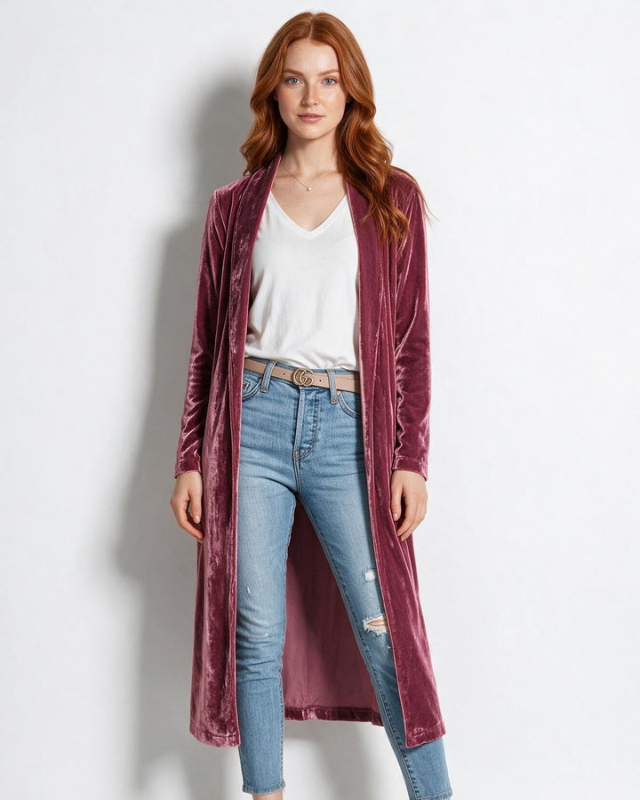 Womens velvet maxi duster coat, view 4