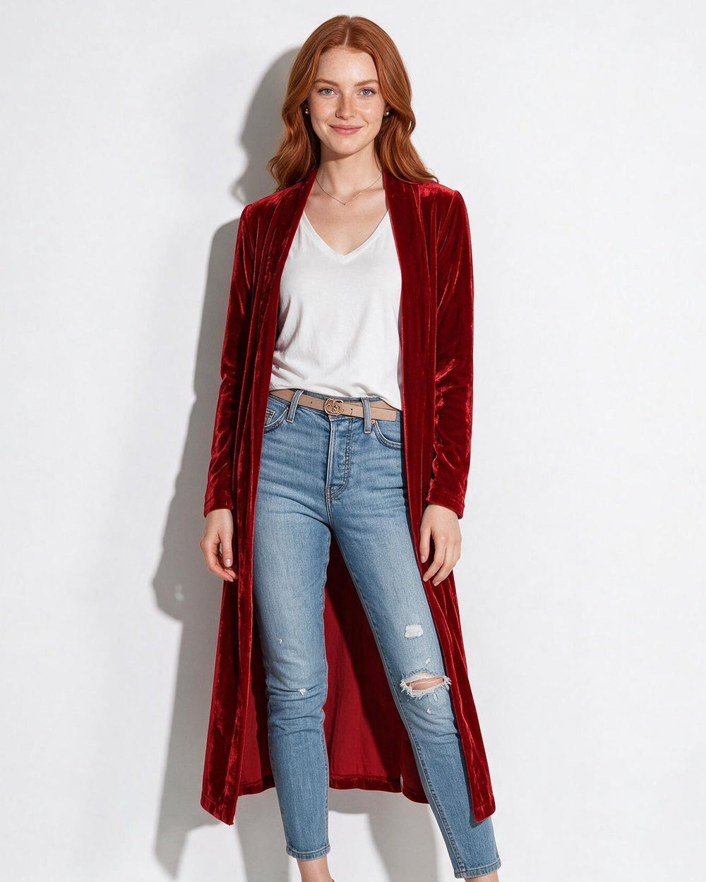 Womens velvet maxi duster coat, view 2
