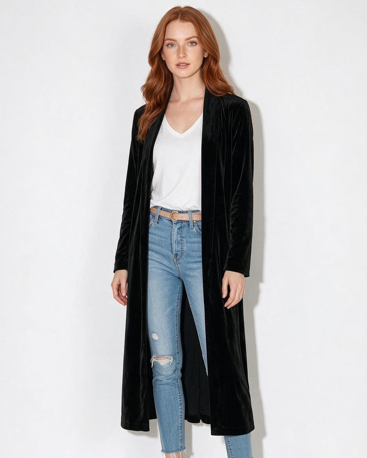 Womens velvet maxi duster coat, view 3