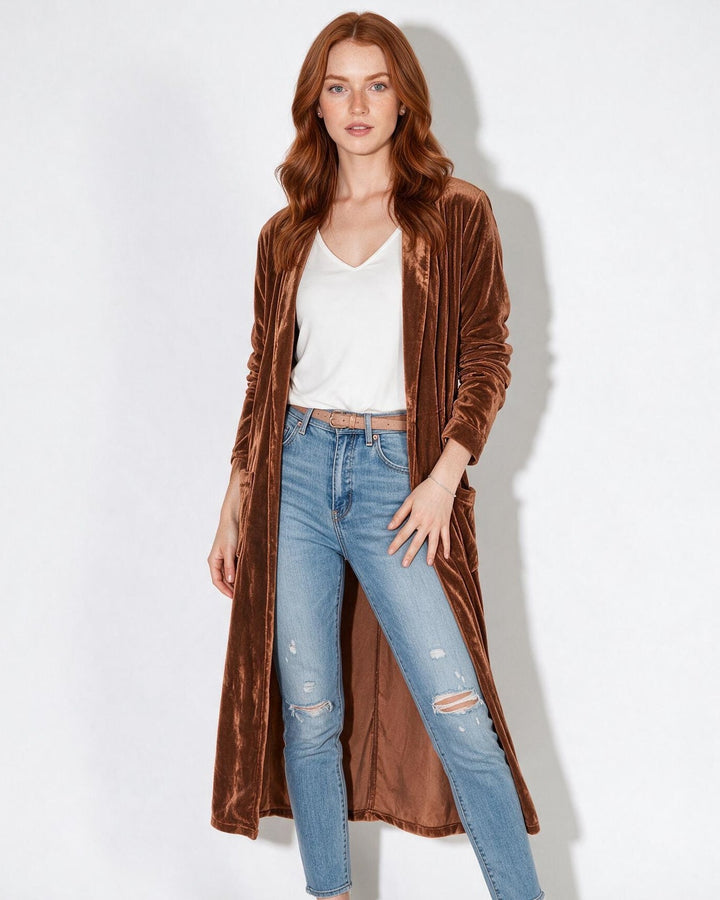 Womens velvet maxi duster coat, view 1