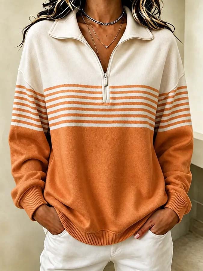 Vera | Striped Quarter Zip Collared Sweatshirt
