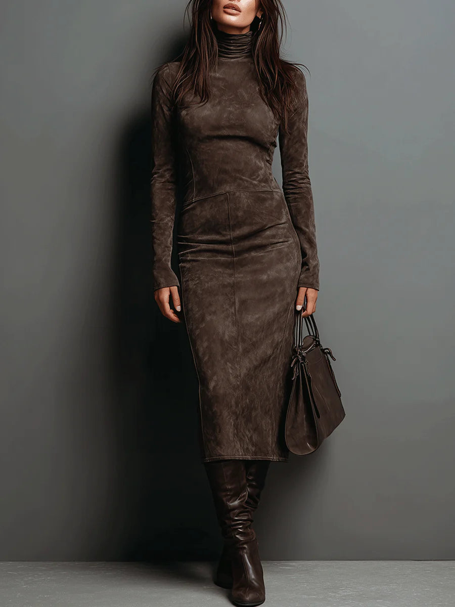 Womens long sleeve turtleneck midi dress, view 1