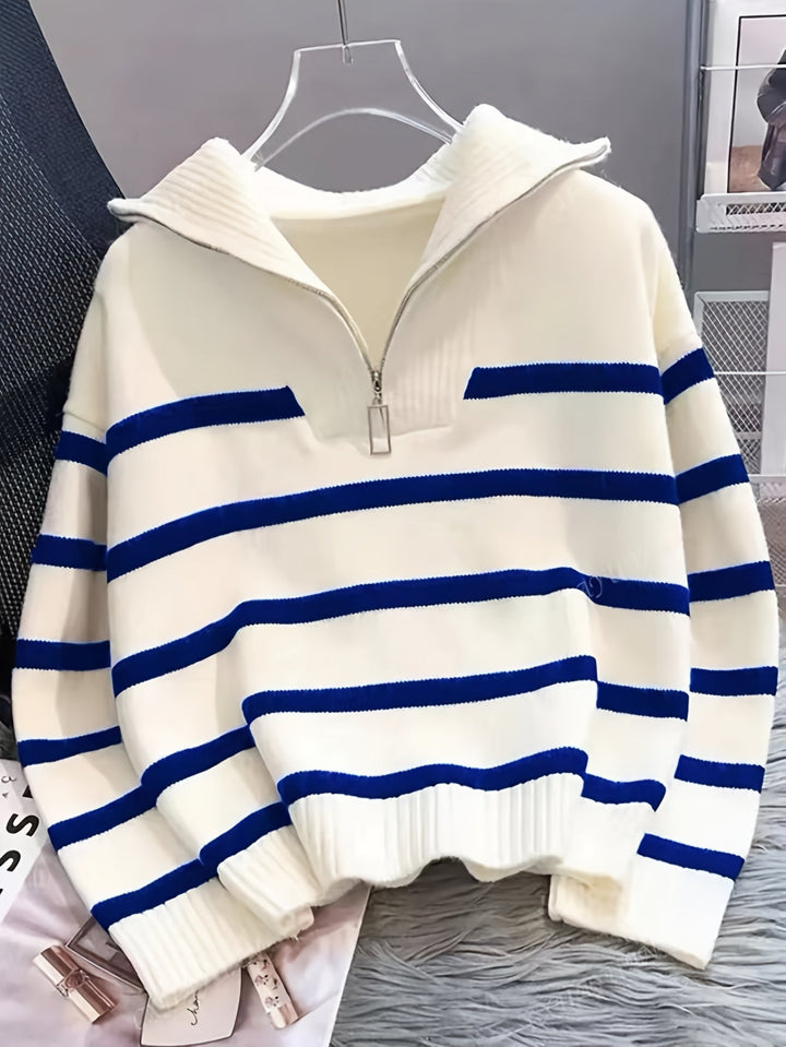 Drew | Quarter Zip Striped Relaxed Sweater with Collar