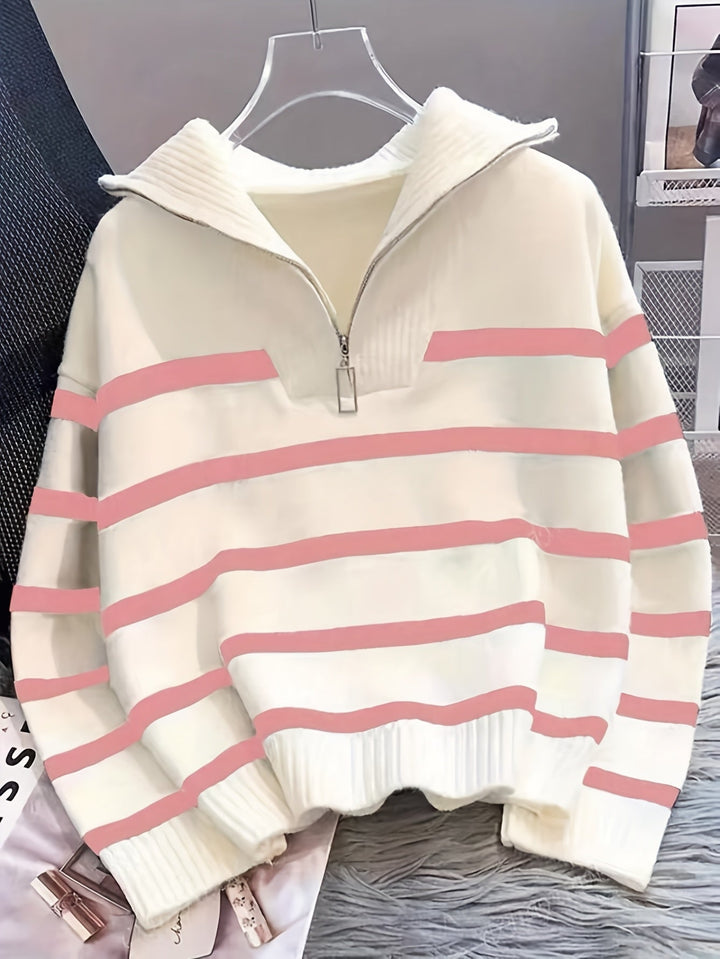 Drew | Quarter Zip Striped Relaxed Sweater with Collar