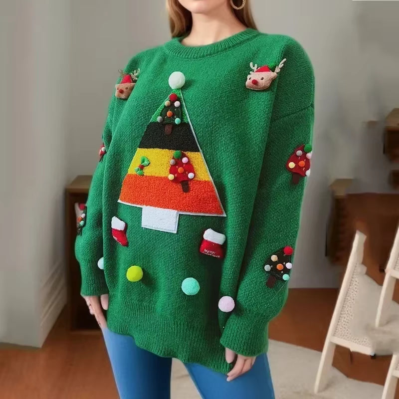 Finley | Christmas Applique Sweater Pom-Pom Reindeer Crewneck