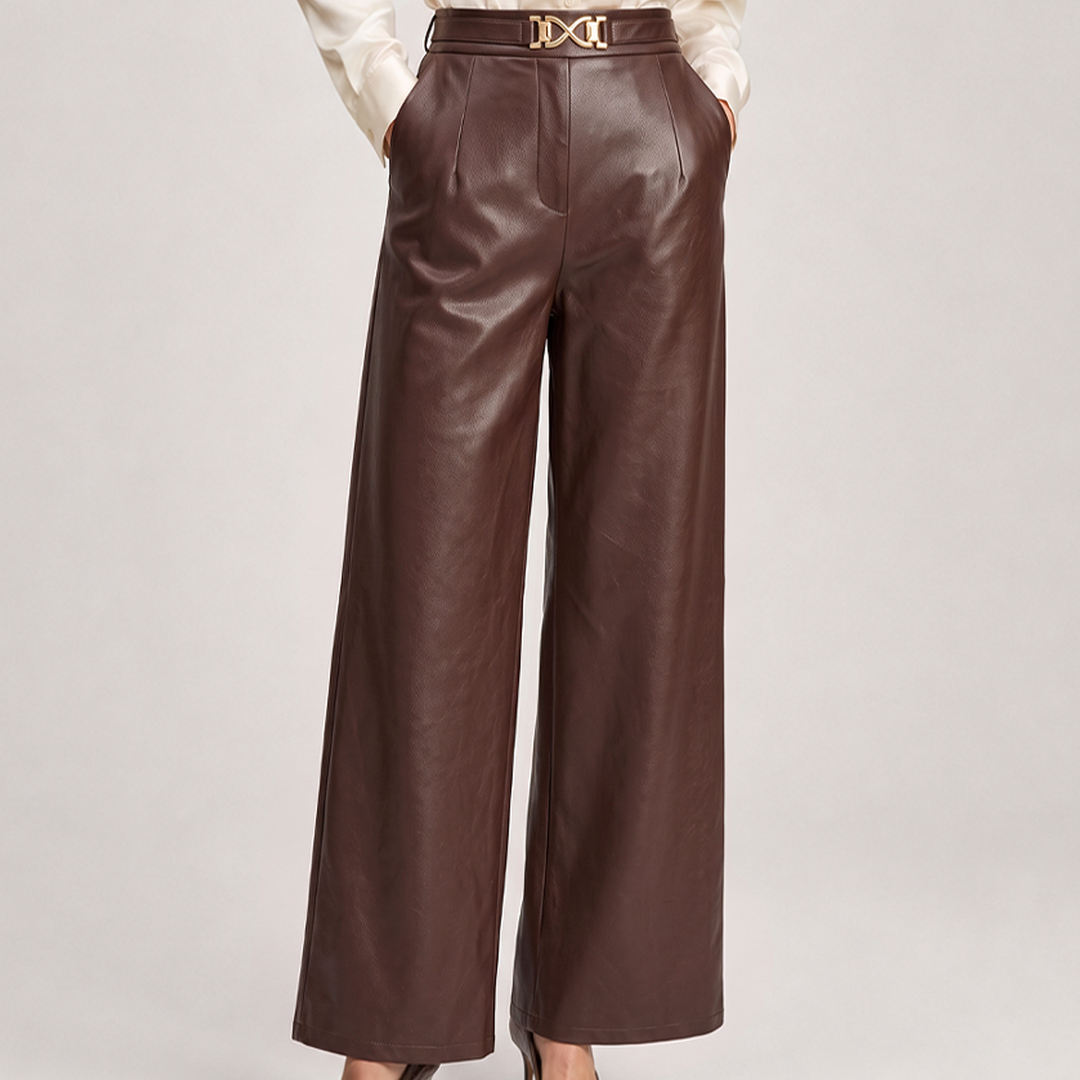 Fiona | Womens High-Waisted Leather Wide-Leg Trousers