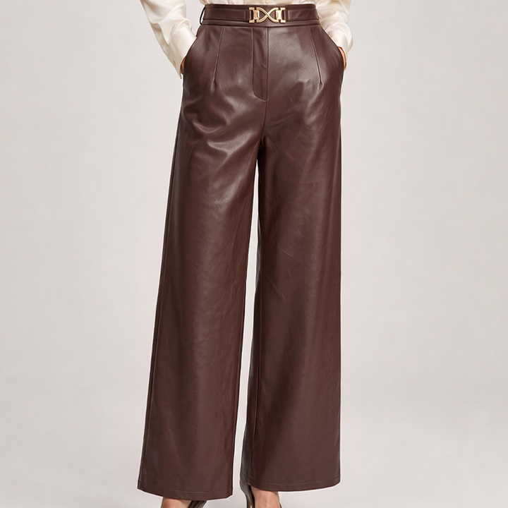 Fiona | Womens High-Waisted Leather Wide-Leg Trousers
