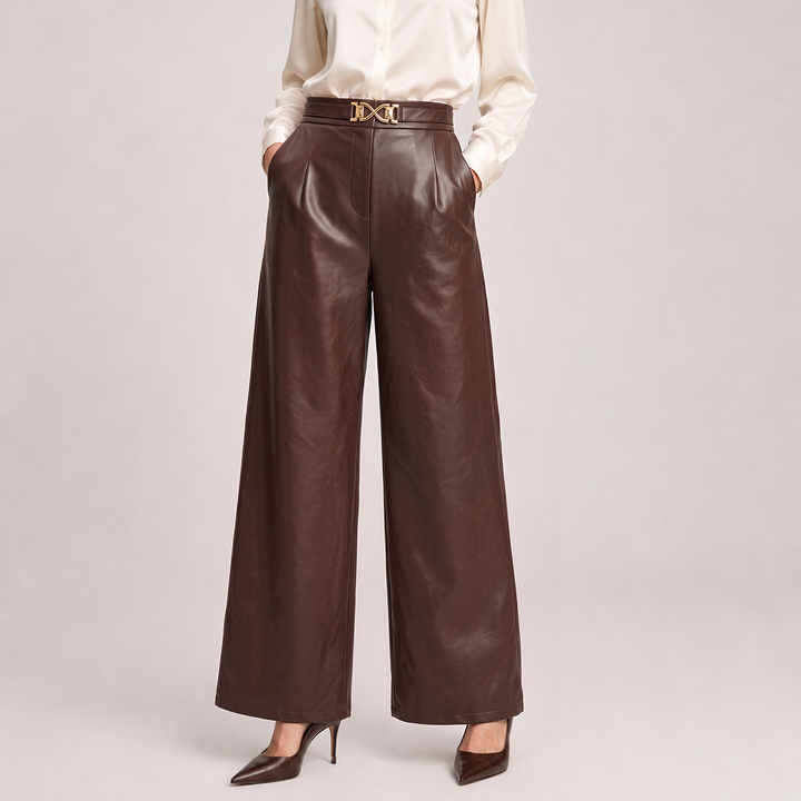 Fiona | Womens High-Waisted Leather Wide-Leg Trousers