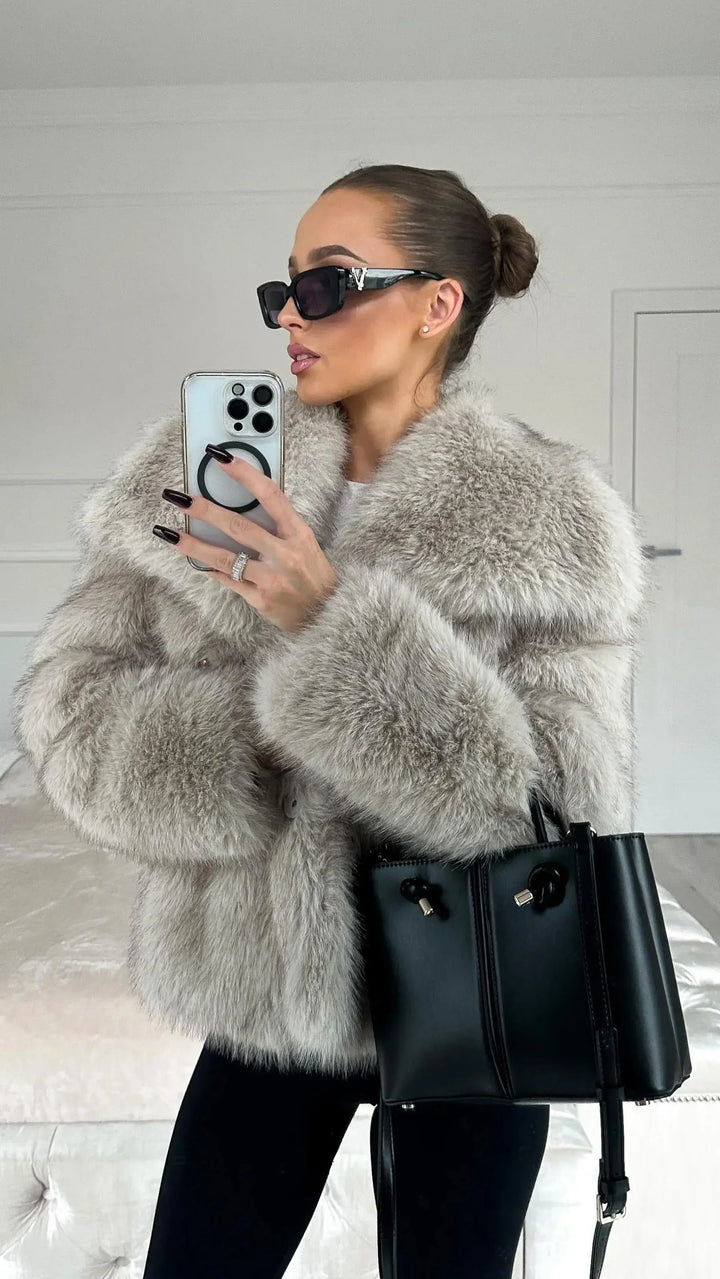 Womens short faux fur jacket shawl collar, view 11