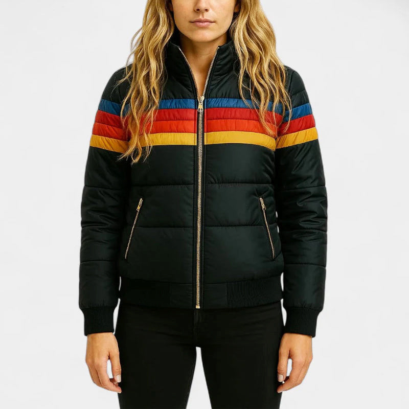Claire | Womens Hooded Puffer Jacket Rainbow Stripes